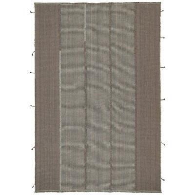 Rug & Kilim’s Contemporary Kilim in Gray and Blue Stripes with Brown Accents