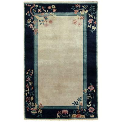 Vintage Chinese Deco Style Rug, Off-White Field, Blue and Pink Floral Border
