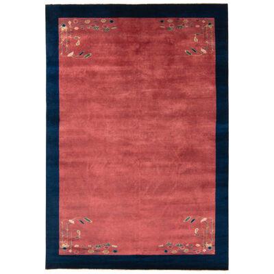 Vintage Chinese Deco Style Rug in Coral Red, Blue Border, Light Floral Patterns