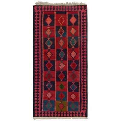 Hand-Knotted Antique Persian Kilim in Pink, Red, Blue Geometric Pattern