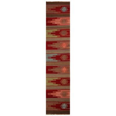 Vintage Mid-Century  Red & Green Wool Kilim Runner Rug with Pink & Blue Accents 