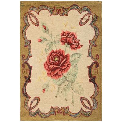 Antique Hand Hooked Cream Gold Green And Pink Wool Floral Rug