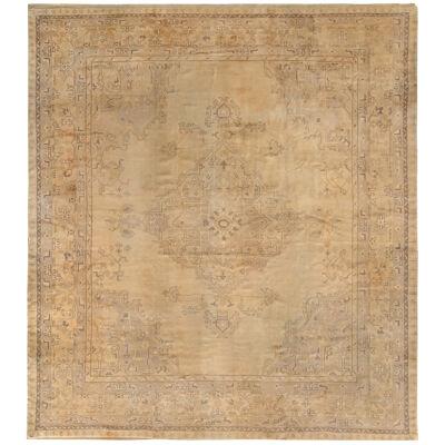Hand Knotted Vintage Oushak Rug in Beige-Brown and Gray Medallion Pattern