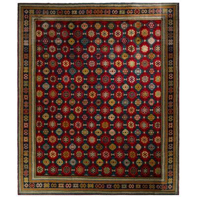 Hand-Knotted Antique Axminster Rug in Red and Blue Geometric Pattern