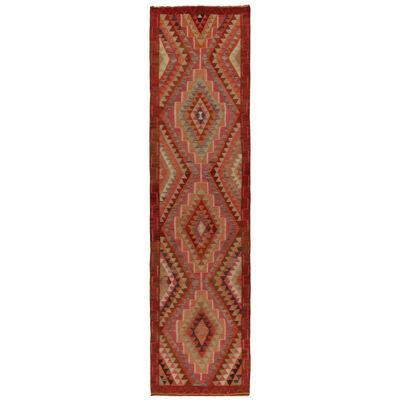Vintage Tribal Kilim Runner in Red, Beige-Brown and Orange Geometric Patterns