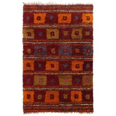 Vintage Tulu Geometric Red Orange and Green Wool High Pile Rug