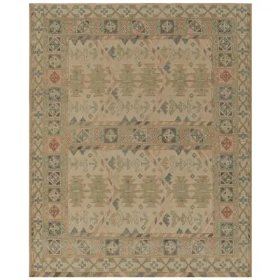 Rug & Kilim’s Distressed Style Rug in Green, Pink and Blue Tribal Patterns