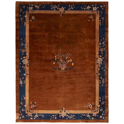 Hand-knotted Antique Peking Rug Brown Blue Open Field Floral Art Deco Design