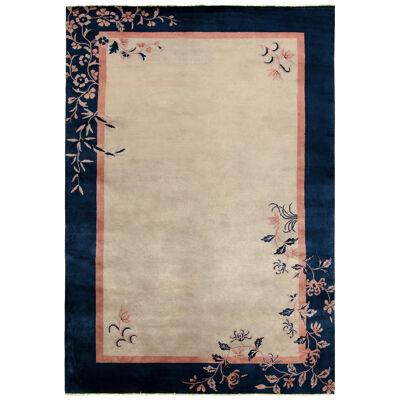 Vintage Chinese Deco Style Rug in Beige, Blue Border and Peach Floral Patterns