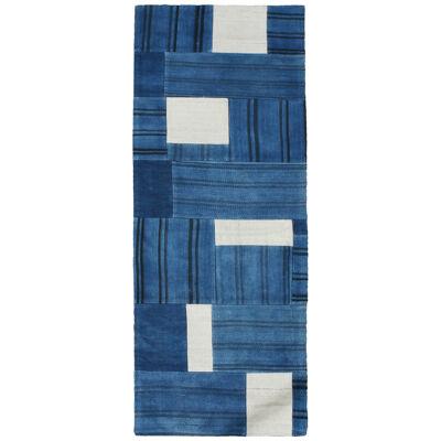 Rug & Kilim’s Modern Patchwork Blue and White Wool Custom Flat Weave Runner 