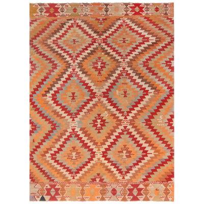 Vintage Mid-Century Diamond Golden Yellow and Red Wool Kilim Rug