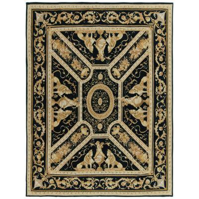 Tudor Style Flatweave Rug In Black and Gold Medallion Pattern By Rug & Kilim