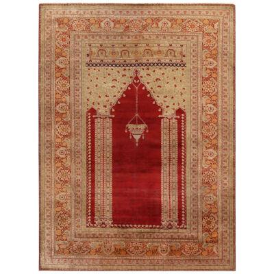 Antique Kayseri Crimson Red and Beige Geometric-Floral Wool Rug
