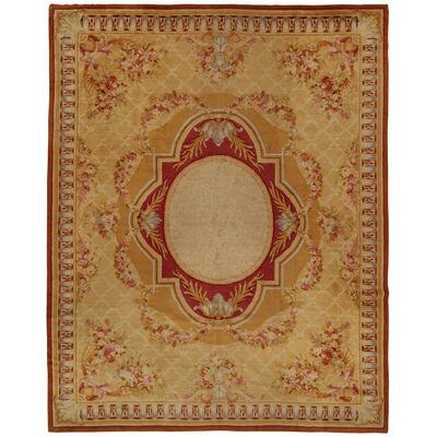 Antique Savonnerie rug in Gold & Red with Medallion and Florals - by Rug & Kilim