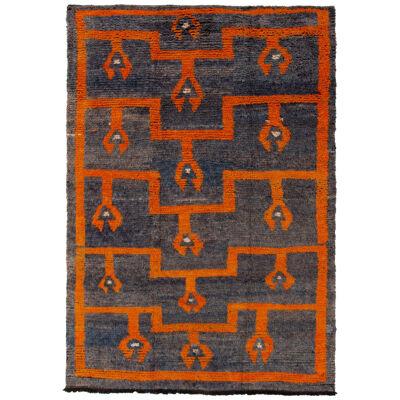 Vintage Tulu Rug in Gray-Blue, Orange Geometric Pattern