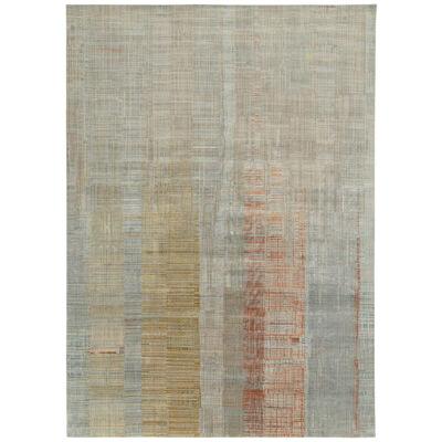 Rug & Kilim’s Modern Rug in a Blue, Gold and Gray Abstract Geometric Pattern