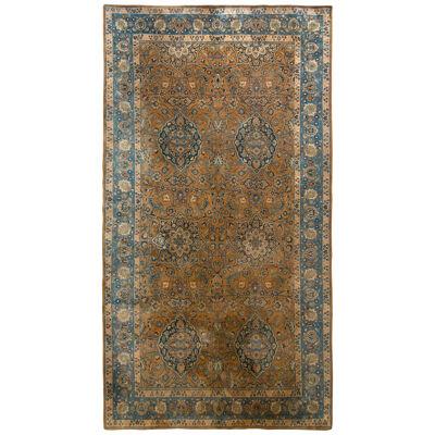 Hand-Knotted Antique Mashad Rug in Beige-Brown and Blue Floral Pattern 