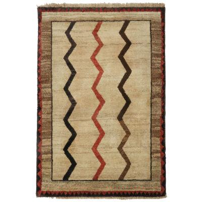  Vintage Gabbeh rug in Beige-Brown, Red and Black Chevron Patterns