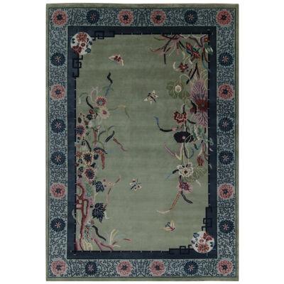 Rug & Kilim’s Chinese Style Art Deco rug in Green with Blue Floral Patterns