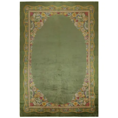 Antique French Art Deco Rug In Green With Pink, Gold And Blue Floral Border