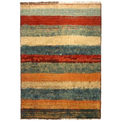  Vintage Gabbeh Tribal rug in Beige with Blue, Red and Orange Stripes