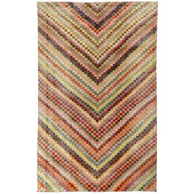 Hand-Knotted Vintage Mid Century Deco Rug in Multicolor Chevron Pattern