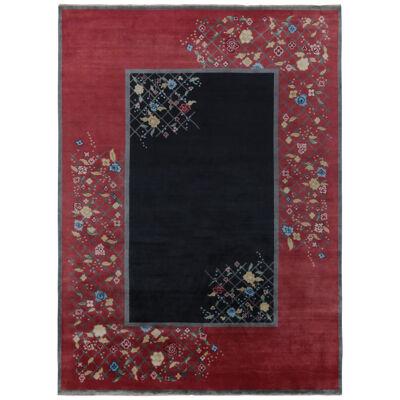 Rug & Kilim’s Chinese Deco Style Rug in Black and Red With Colorful Florals
