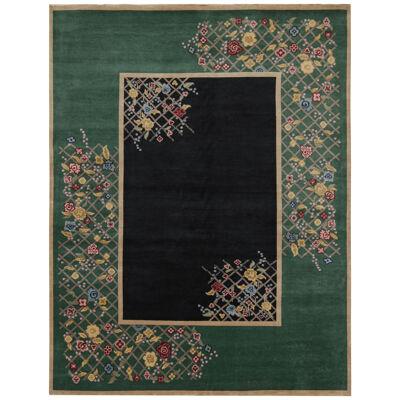 Rug & Kilim’s Chinese Art Deco Style rug in Black & Green with Floral Pattern