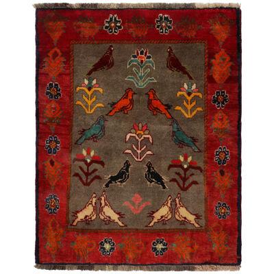  Vintage Gabbeh Tribal rug in Gray with Red Border & Colorful Bird Pictorials