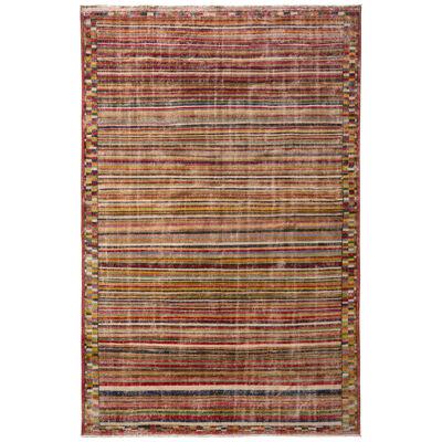 1960S Distressed Mid-Century Rug Beige Red Multicolor Vintage Striped Pattern