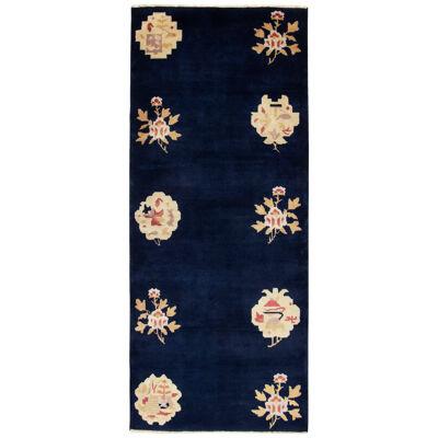 Vintage Chinese Deco Style Runner in Deep Blue, Gold Floral Medallion Patterns