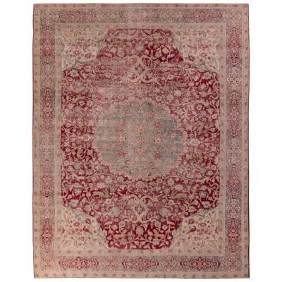 Antique Tabriz Rug Red Beige and Blue Medallion Style Persian Floral