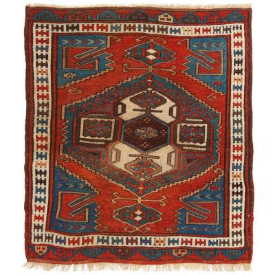 Antique Bergama Traditional Geometric Red And Blue Wool Rug