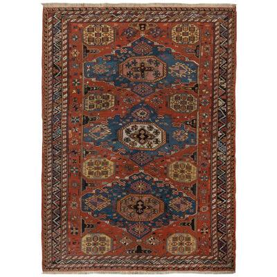 Hand-knotted Antique Russian Soumak Rug in Red, Blue, Medallion All Over Pattern