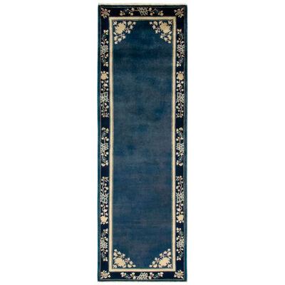 Vintage Chinese Deco Style Runner in Deep Blue & off White Floral Pattern Border
