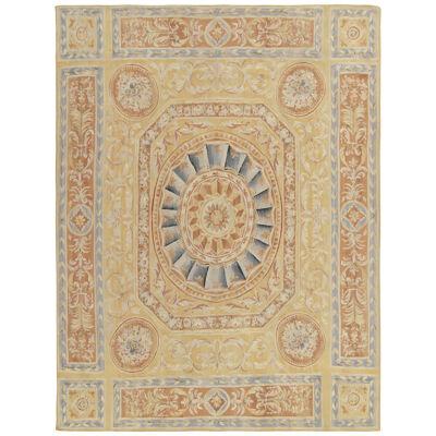 Aubusson Style Flatweave Rug In Gold, Beige-Brown & Blue Florals By Rug & Kilim
