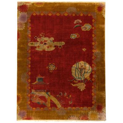 Hand-Knotted Vintage Chinese Art Deco Rug, Red and Gold Pictorial Pattern