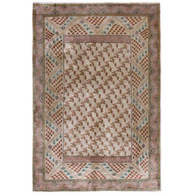 Hand-Knotted Antique Hereke Rug in Beige and Pink Geometric Pattern