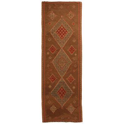 Antique Geometric Beige and Red Wool Persian Kilim-Senneh Runner