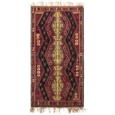 Handmade Antique Kilim Rug In Red With Gold Thread Geometric Pattern
