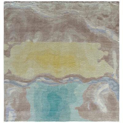 Rug & Kilim’s Abstract Style Square Rug in Beige, Blue and Yellow Wavy Patterns