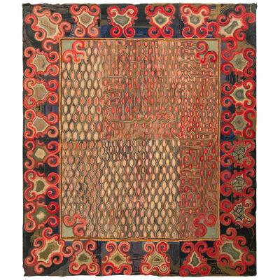 Antique Hand Hooked Rug in All Over Red, Beige-brown Geometric Pattern