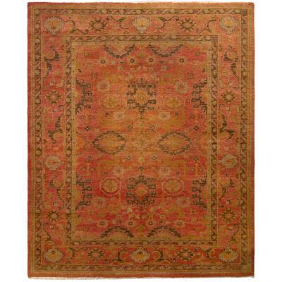 Hand Knotted Vintage Oushak Rug in Red and Brown Geometric Pattern