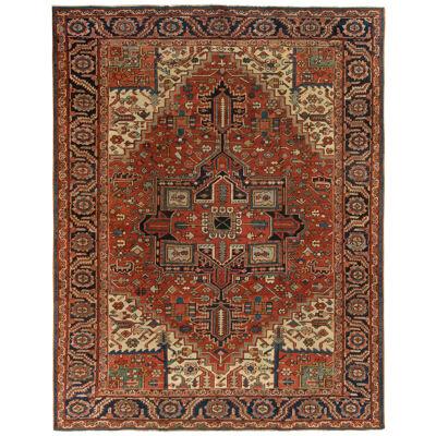 Hand-knotted Antique Persian Heriz Rug in Red, Blue, Beige Medallion Pattern