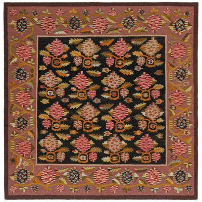 Antique Bessarabian Kilim in Black and Pink with Floral Patterns by Rug & Kilim