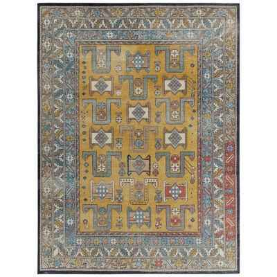 Distressed Style Rug in Blue, Gold and Beige Geometric Pattern by Rug & Kilim