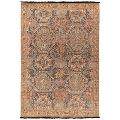 Tribal Style Rug in Blue & Gold Geometric Floral Pattern by Rug & Kilim