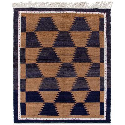 Vintage Tulu Rug in Brown, Midnight Blue & White Geometric Pattern