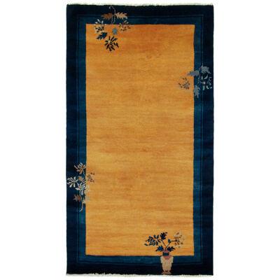 Vintage Chinese Deco Style Rug in Gold, Blue Border, Beige-Brown Floral Patterns