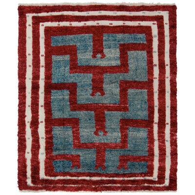 Vintage Tulu Rug in Red, Blue, White High-Low Geometric Pattern